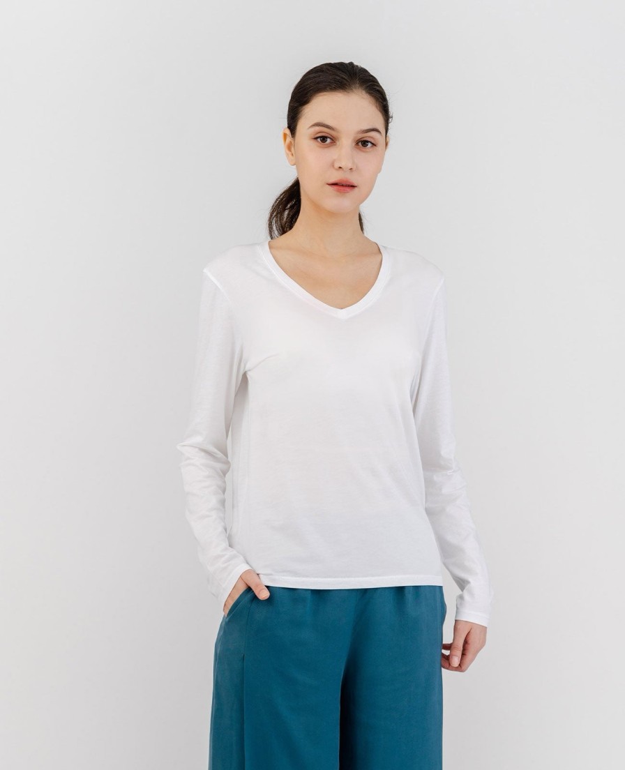 Women Grana Tee Shirts | Organic Pima Cotton Long Sleeve V Neck Tee