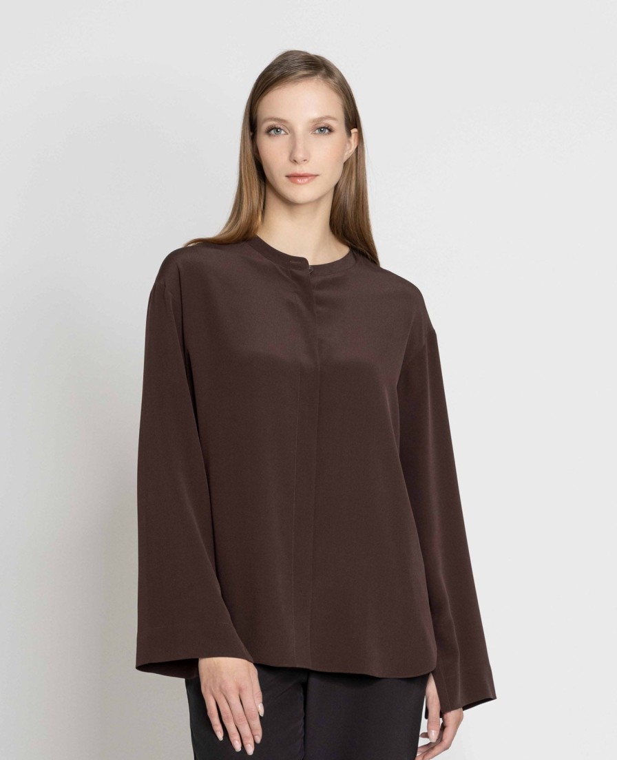 Women Grana Shirts & Blouses | Silk Band Collar Shirt