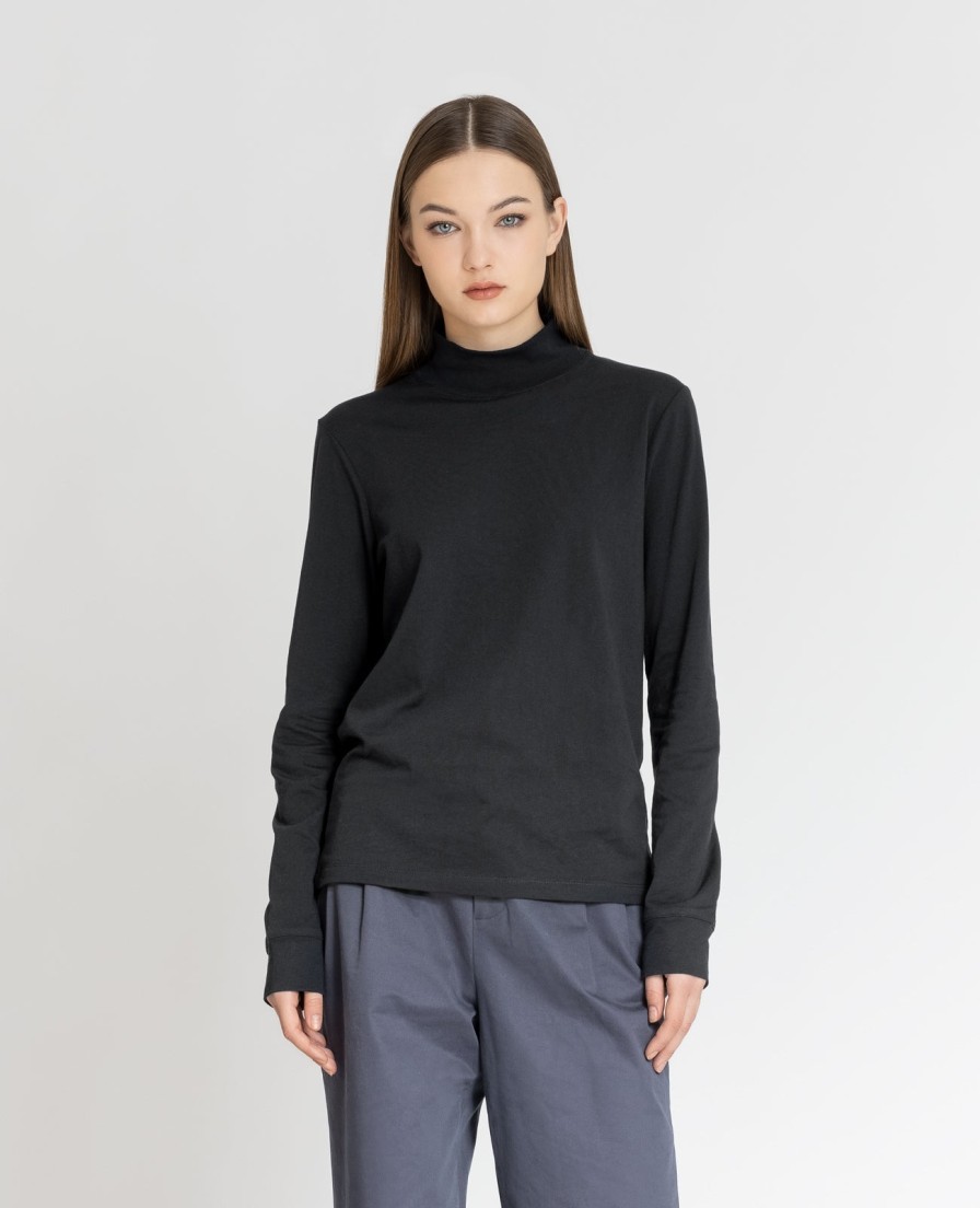 Women Grana Tee Shirts | Supima High Neck Long Sleeve Tee