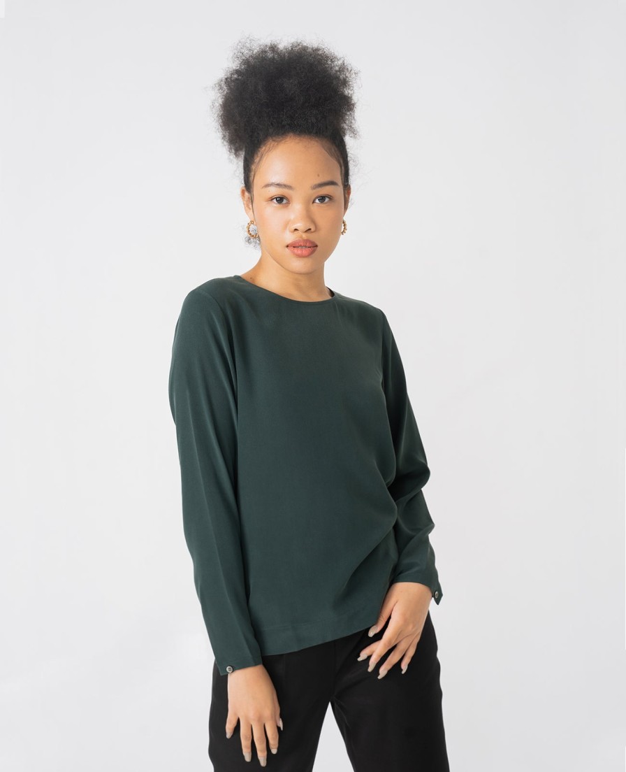 Women Grana Shirts & Blouses | Silk Long Sleeve Crew Neck Blouse