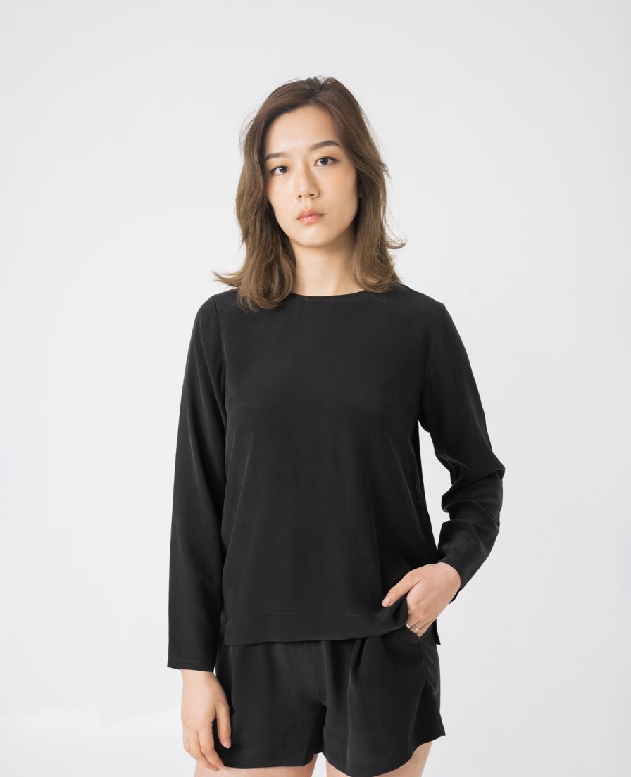 Women Grana Shirts & Blouses | Silk Long Sleeve Crew Neck Blouse